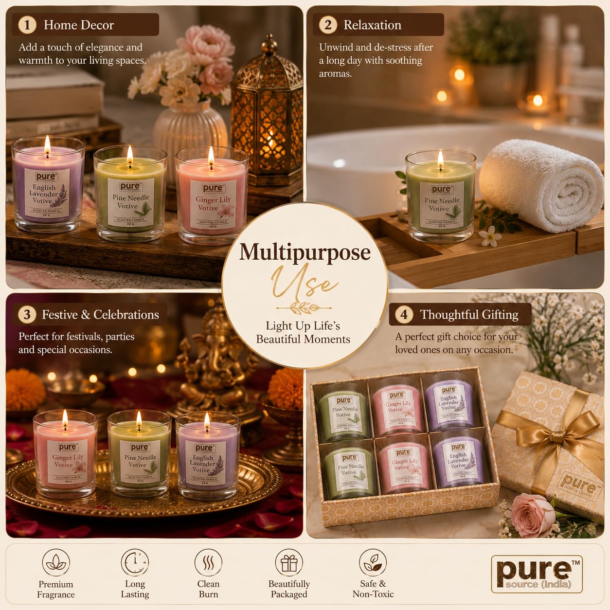 Pure Source India Premium Scented Candle Gift Box Set of 6 (50g Each) | for Home Décor, Diwali, Bedroom, Spa, Meditation & Gifting (Pine Needle, Ginger Lily & English Lavender)