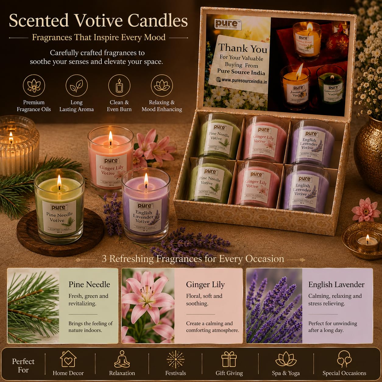 Pure Source India Premium Scented Candle Gift Box Set of 6 (50g Each) | for Home Décor, Diwali, Bedroom, Spa, Meditation & Gifting (Pine Needle, Ginger Lily & English Lavender)