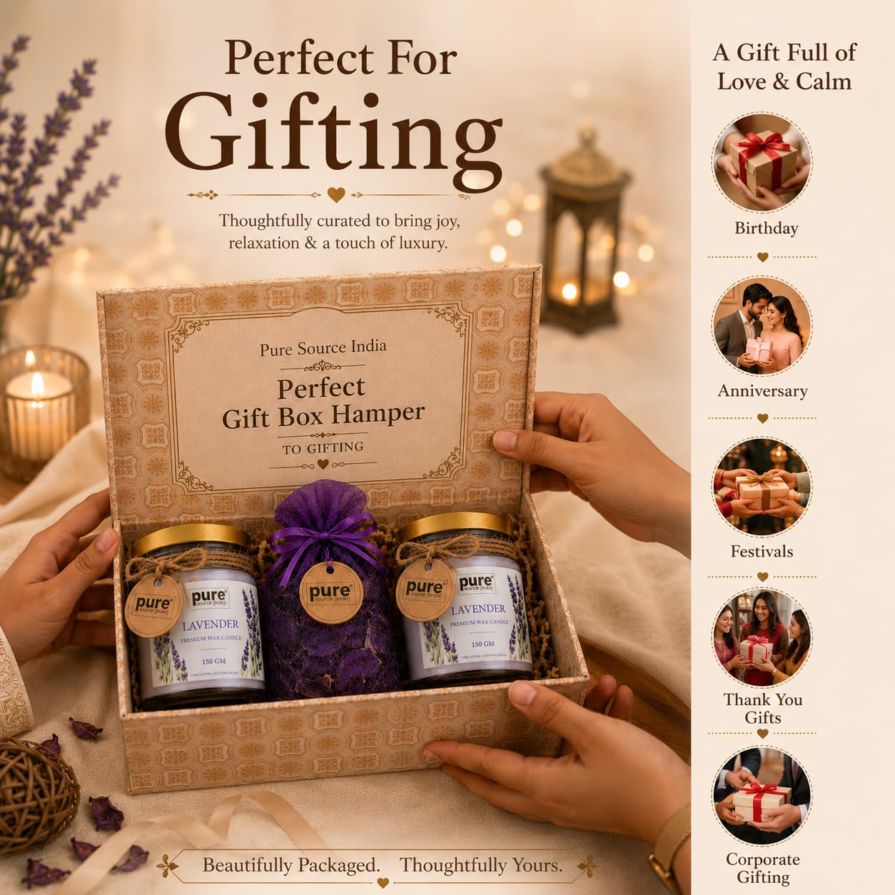 Pure Source India Luxury Festive Gift Box Hamper with Lavender Scented Candles & Purple Potpourri| Premium Gift Set