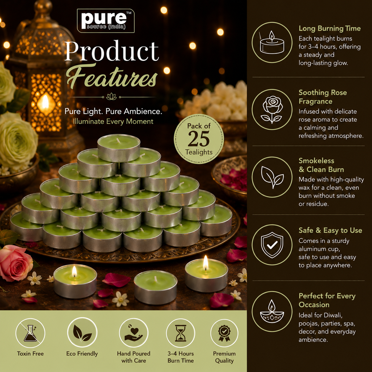 Pure Source India Scented Lemongrass Tea Light Candles Pack of 25 | Fragrance Tealights for Home Decor, Meditation, Pooja, Diwali, Parties & Aromatherapy | Long-Lasting Decorative Candles