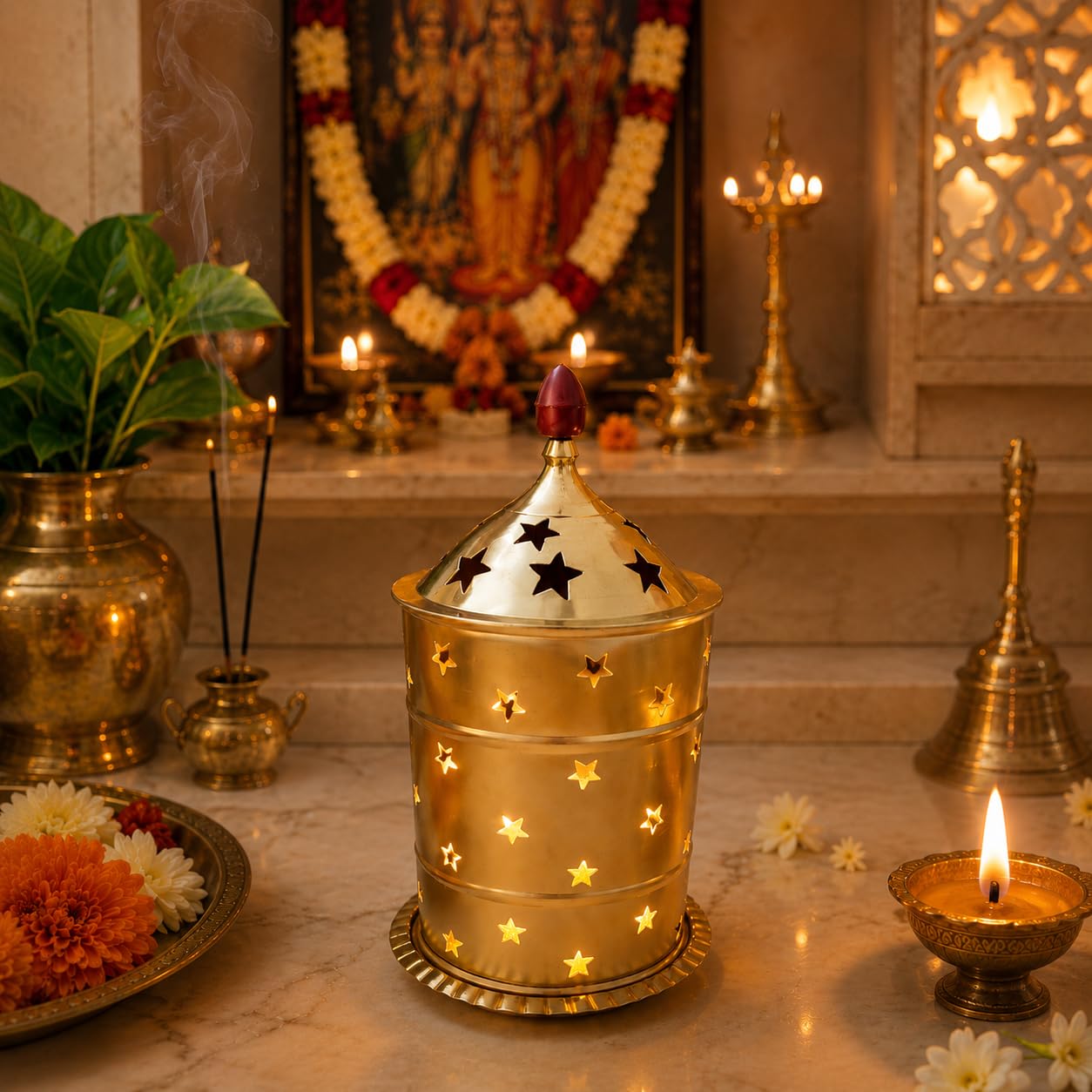 Pure Source India Brass Akhand Diya with Cover, 10L x 10W x 17.5H cm | Long-Burning Jyot Oil Lamp for Pooja Room, Home Temple, Daily Worship, Navratri, Diwali & Religious Ceremonies