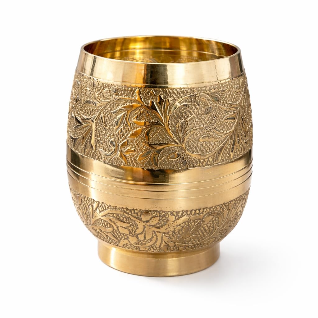 Pure Source India Brass Tumbler with Floral Engraving, 3.9 Inch Traditional Indian Drinking Glass | Brass Water & Juice Cup for Home, Pooja, Kitchen, Dining, Home Decor & Gifting
