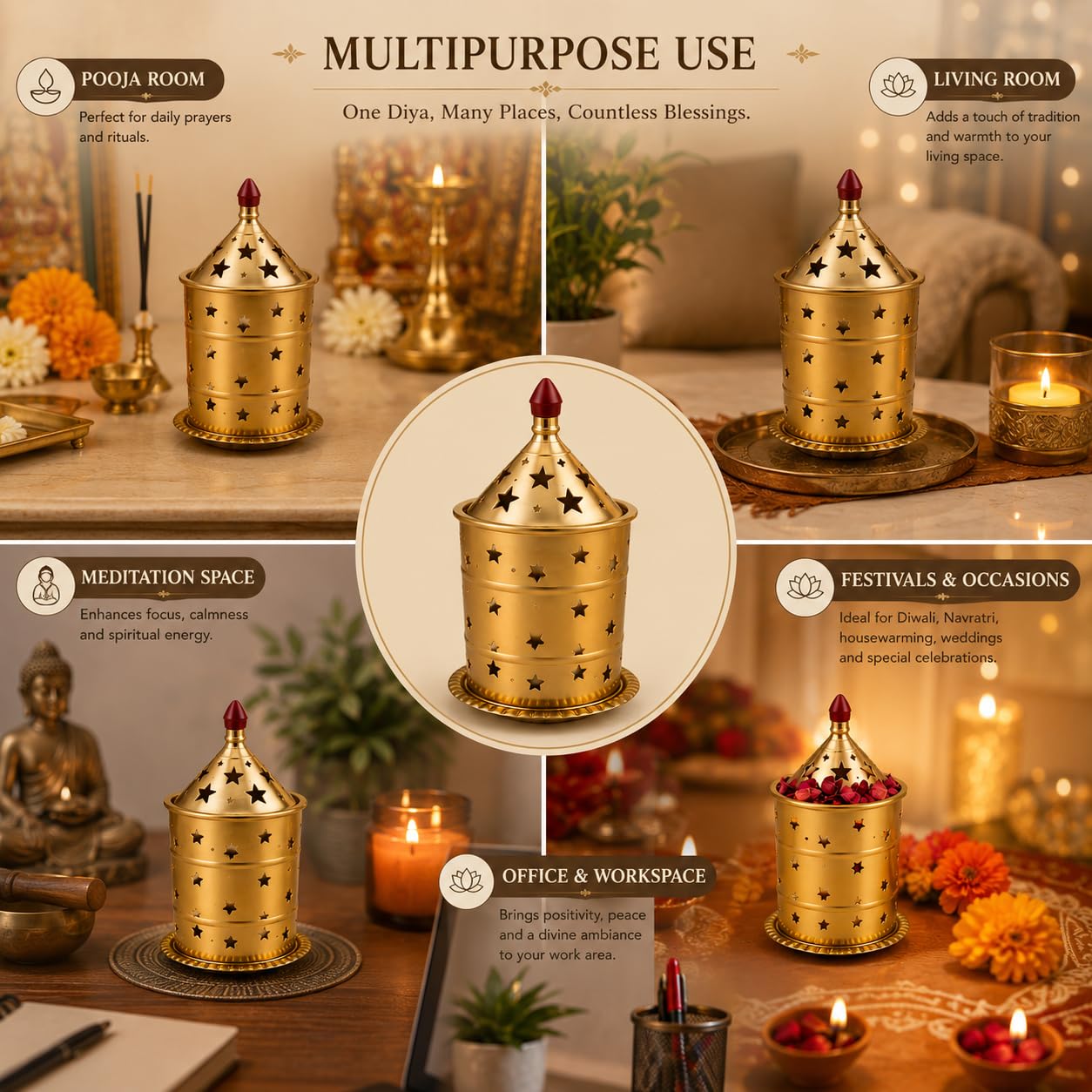 Pure Source India Brass Akhand Diya with Cover, 10L x 10W x 17.5H cm | Long-Burning Jyot Oil Lamp for Pooja Room, Home Temple, Daily Worship, Navratri, Diwali & Religious Ceremonies