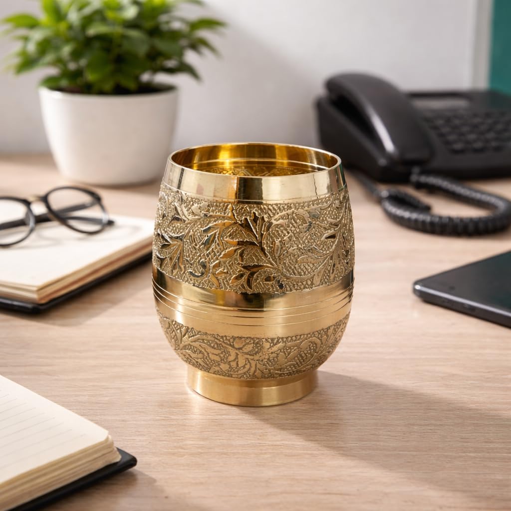 Pure Source India Brass Tumbler with Floral Engraving, 3.9 Inch Traditional Indian Drinking Glass | Brass Water & Juice Cup for Home, Pooja, Kitchen, Dining, Home Decor & Gifting