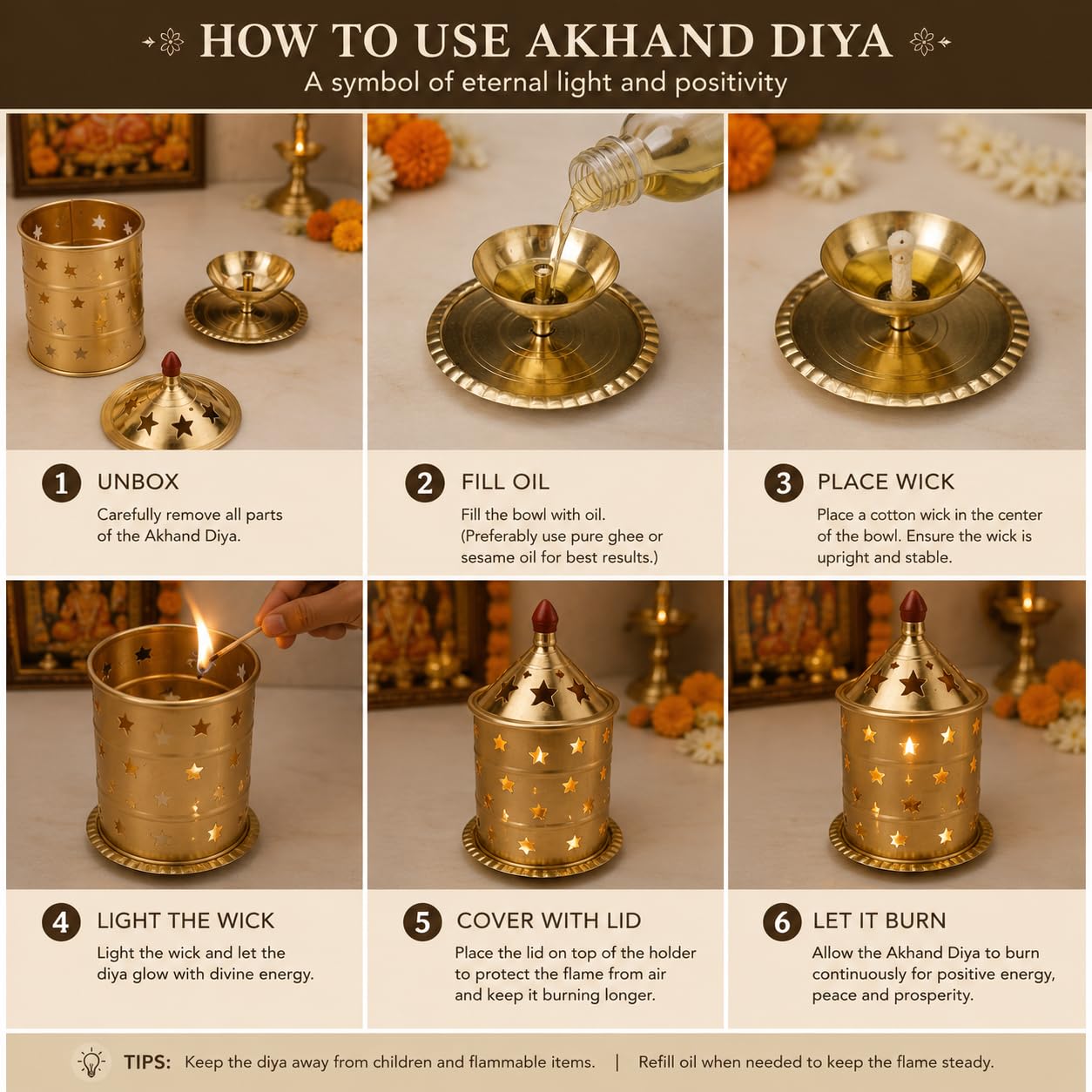 Pure Source India Brass Akhand Diya with Cover, 10L x 10W x 17.5H cm | Long-Burning Jyot Oil Lamp for Pooja Room, Home Temple, Daily Worship, Navratri, Diwali & Religious Ceremonies