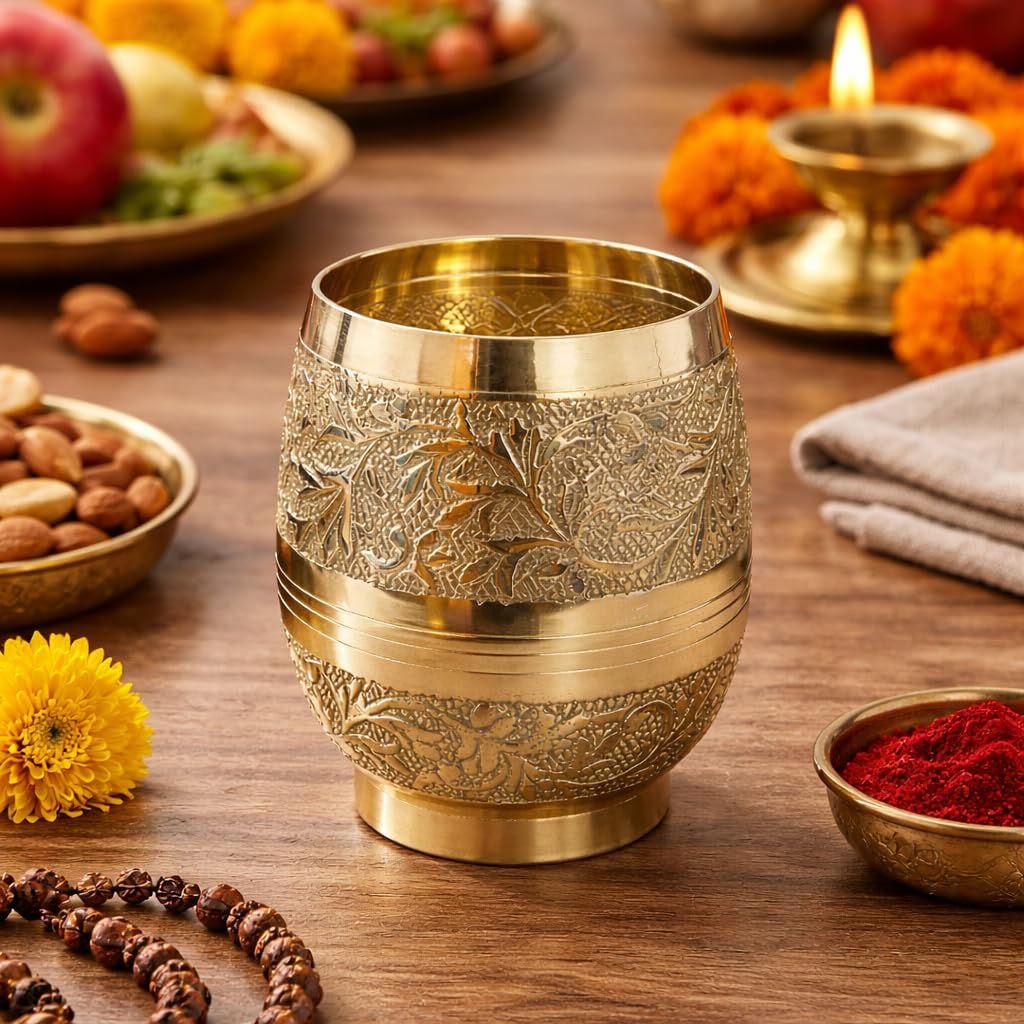 Pure Source India Brass Tumbler with Floral Engraving, 3.9 Inch Traditional Indian Drinking Glass | Brass Water & Juice Cup for Home, Pooja, Kitchen, Dining, Home Decor & Gifting