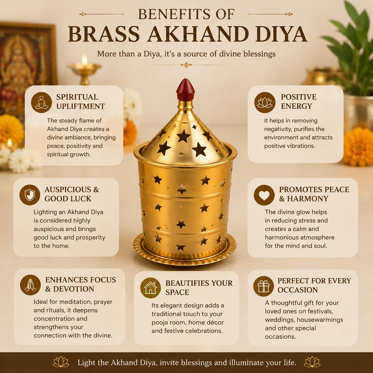 Pure Source India Brass Akhand Diya with Cover, 10L x 10W x 17.5H cm | Long-Burning Jyot Oil Lamp for Pooja Room, Home Temple, Daily Worship, Navratri, Diwali & Religious Ceremonies