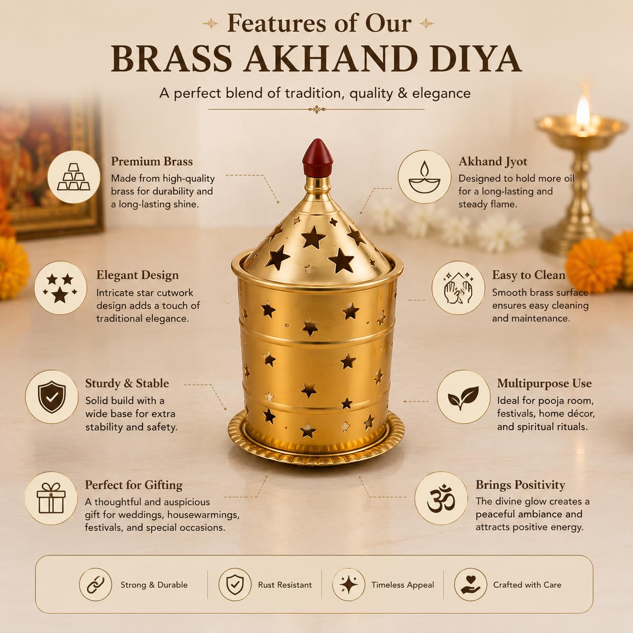 Pure Source India Brass Akhand Diya with Cover, 10L x 10W x 17.5H cm | Long-Burning Jyot Oil Lamp for Pooja Room, Home Temple, Daily Worship, Navratri, Diwali & Religious Ceremonies
