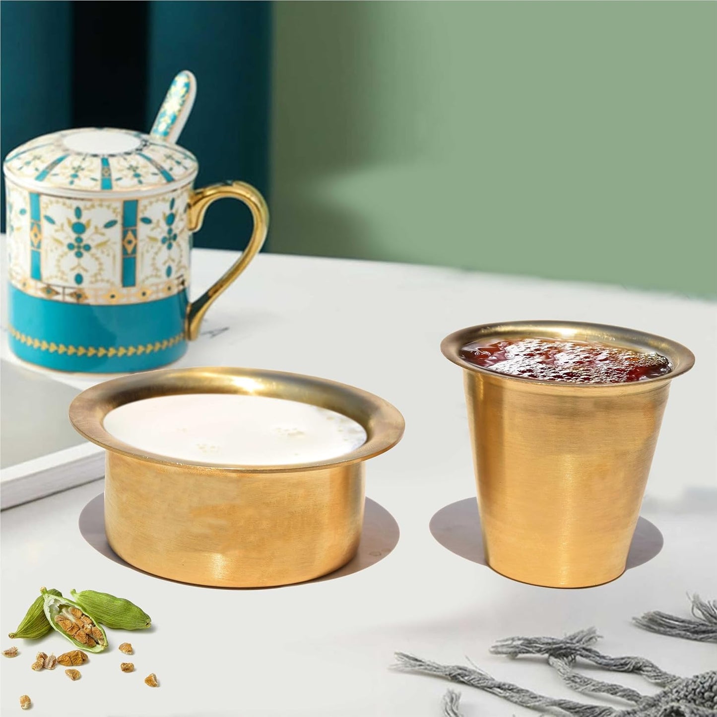 Pure Source India Pure Brass Tea & Coffee Cup Set of 2, Dabara Davara Tumbler Set | Traditional Brass Cups for South Indian Filter Coffee, Tea, Home, Kitchen, Dining & Gifting