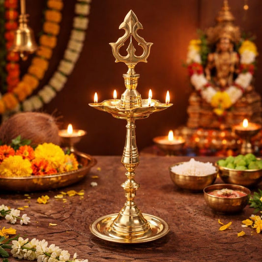 Pure Source India Brass Panchmukhi Oil Lamp, 13 Inch | Traditional Handmade Indian Diya for Pooja, Temple, Home Mandir, Festivals, Diwali & Religious Decor | Brass Deepam