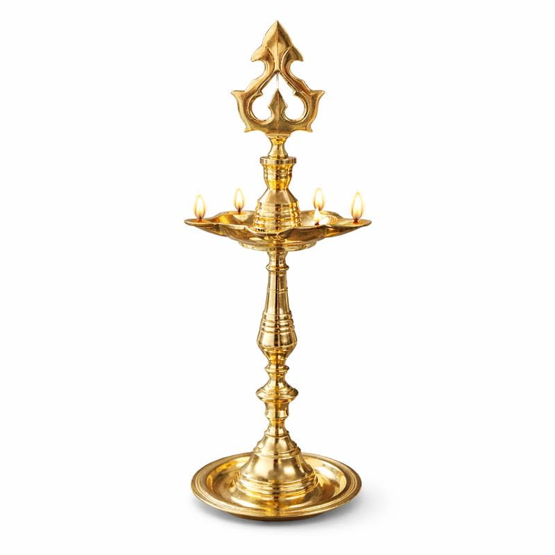 Pure Source India Brass Panchmukhi Oil Lamp, 13 Inch | Traditional Handmade Indian Diya for Pooja, Temple, Home Mandir, Festivals, Diwali & Religious Decor | Brass Deepam