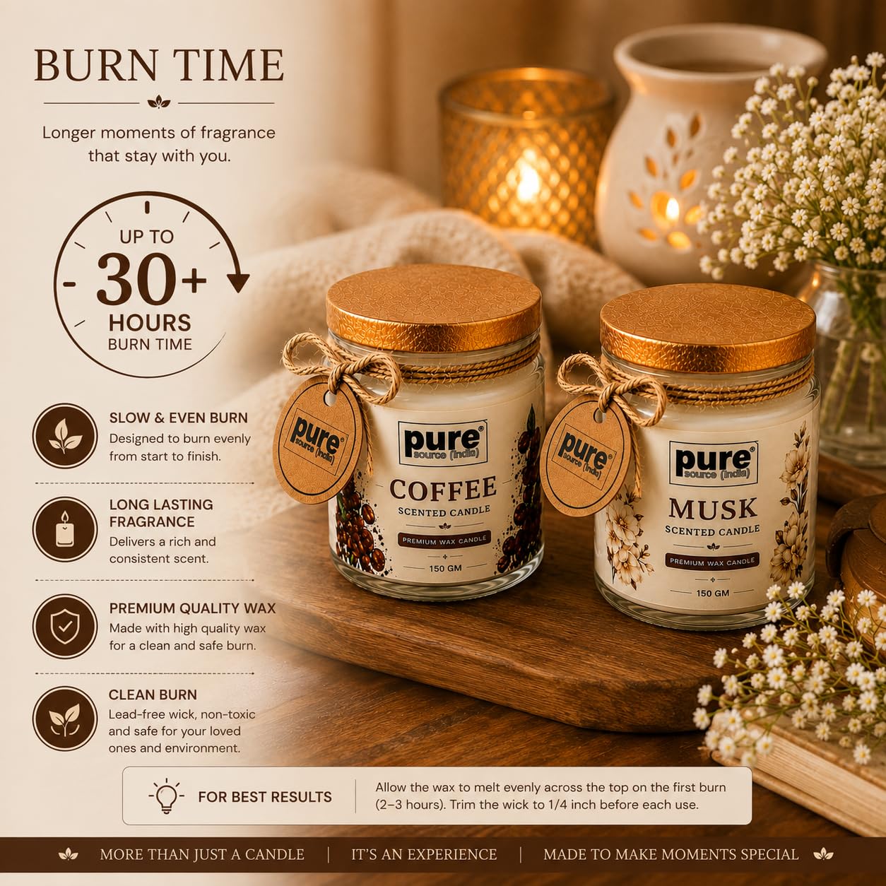 Pure Source India Scented Jar Candle Set of 2 (Coffee & Musk) | 150g Each | Premium Wax Candles | 35-40 Hours Burn Time | Aromatherapy Candles for Home Decor, Diwali, Bedroom, Spa & Gifts