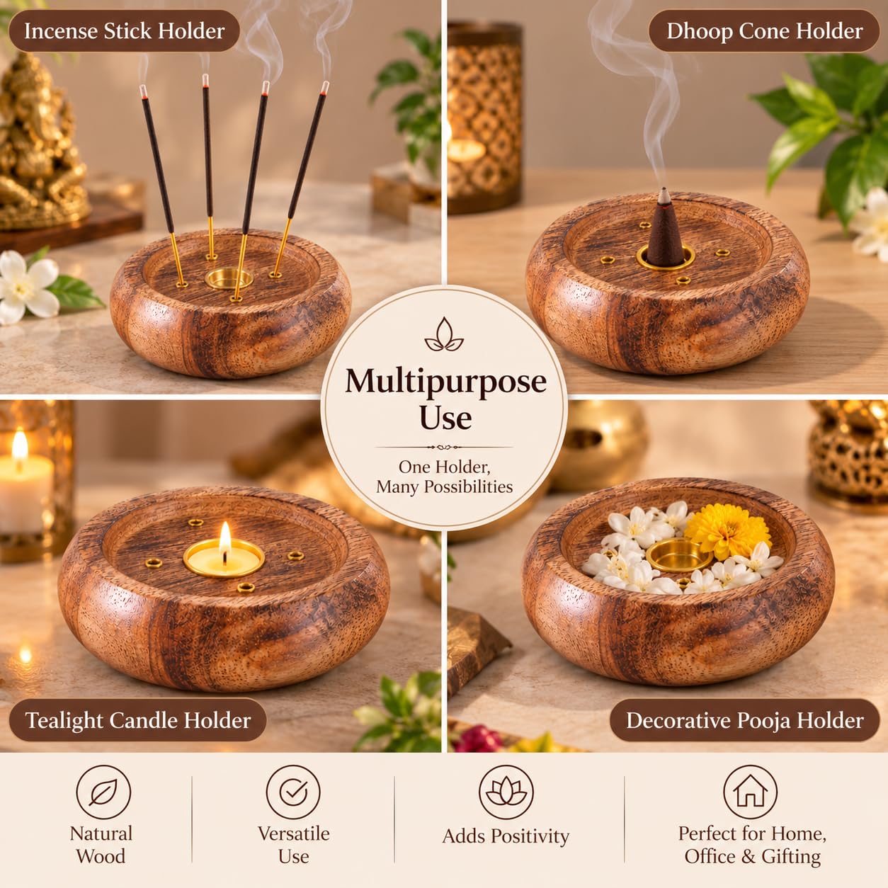 Pure Source India Wooden Incense Stick & Dhoop Cone Holder with 4 Holes |for Pooja Room Decor