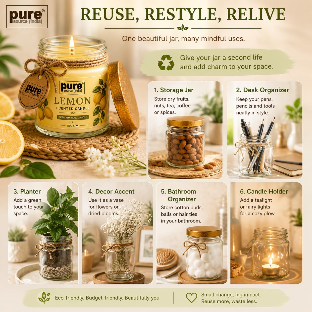 Pure Source India Lemon Scented Jar Candle | 150 GM | Premium Wax Candle | 35-40 Hours Burn Time | Aromatherapy Candle for Home Decor, Bedroom, Spa, Meditation & Gift