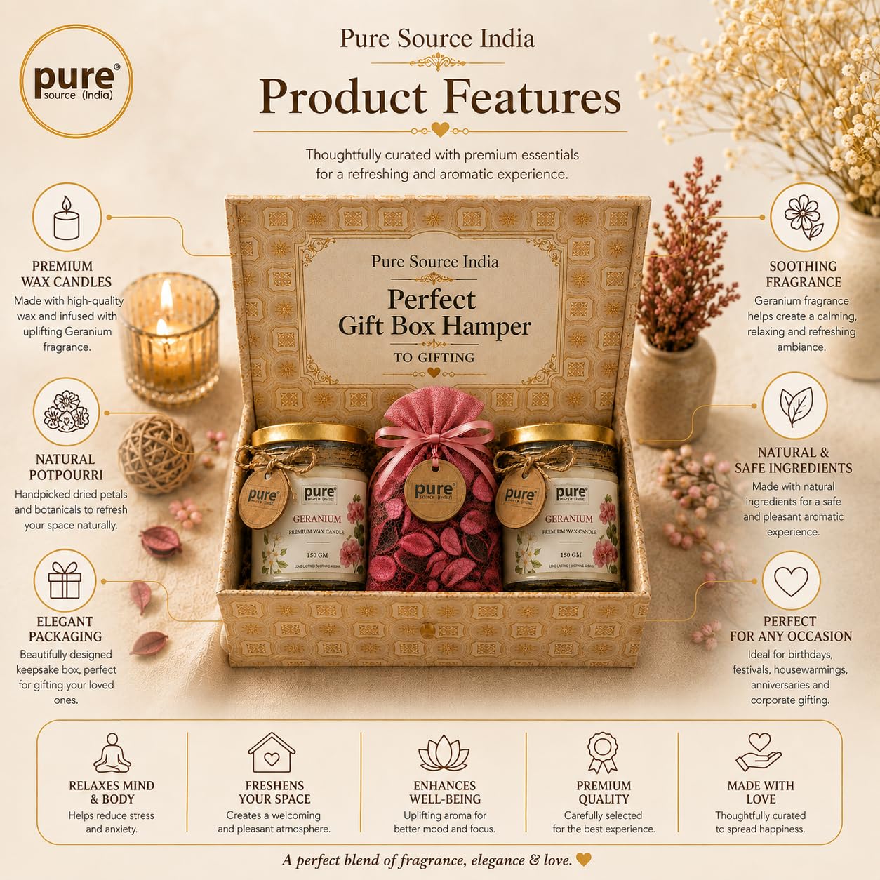 Pure Source India Luxury Festive Gift Box Hamper with Geranium Scented Candles & Pink Potpourri