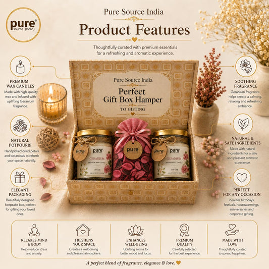 Pure Source India Luxury Festive Gift Box Hamper with Geranium Scented Candles & Pink Potpourri