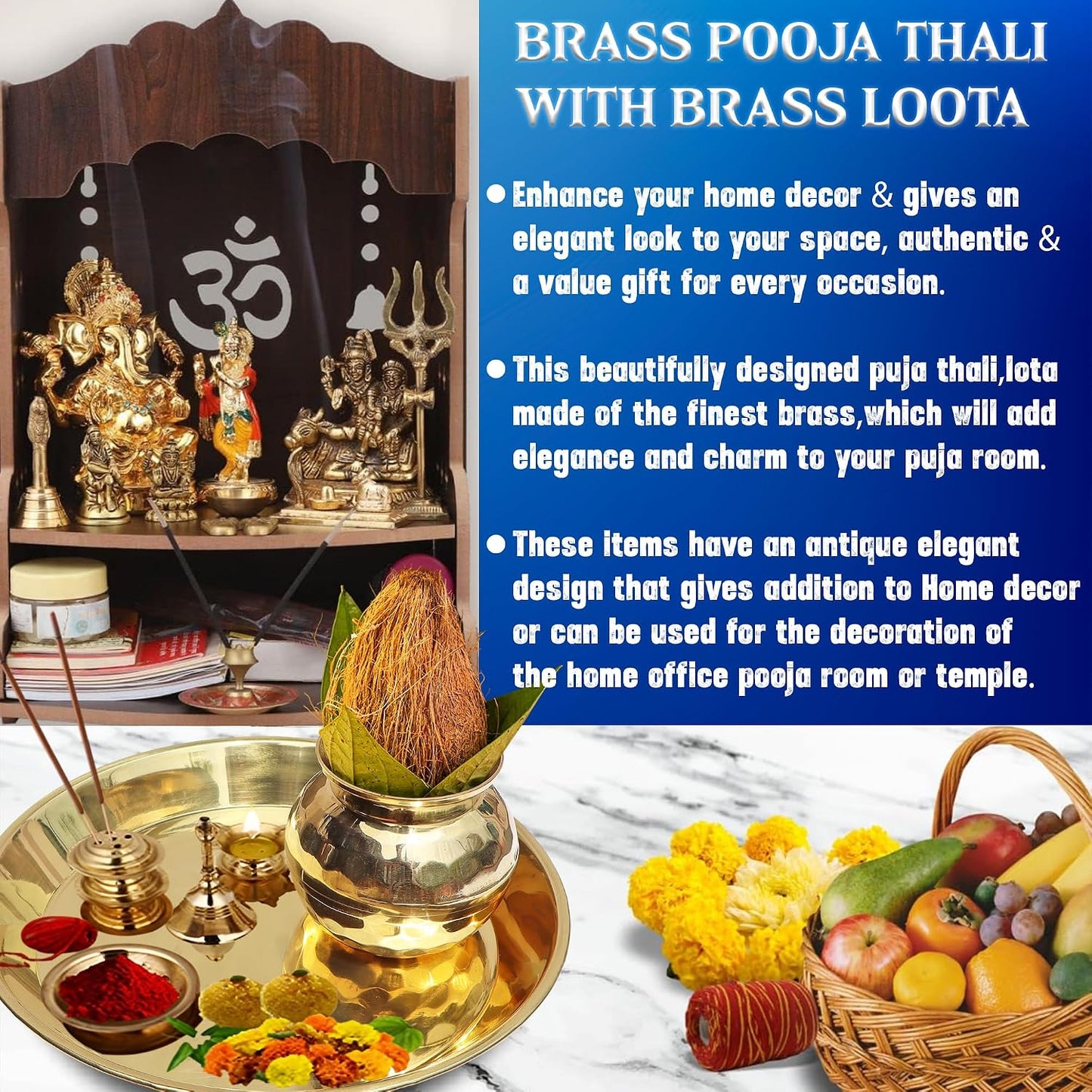 Pure Source India Pure Brass Pooja Thali with Lota, 10 Inch Traditional Puja Plate & Kalash Set | Brass Thali for Pooja, Aarti, Diwali, Wedding, Housewarming & Religious Ceremonies