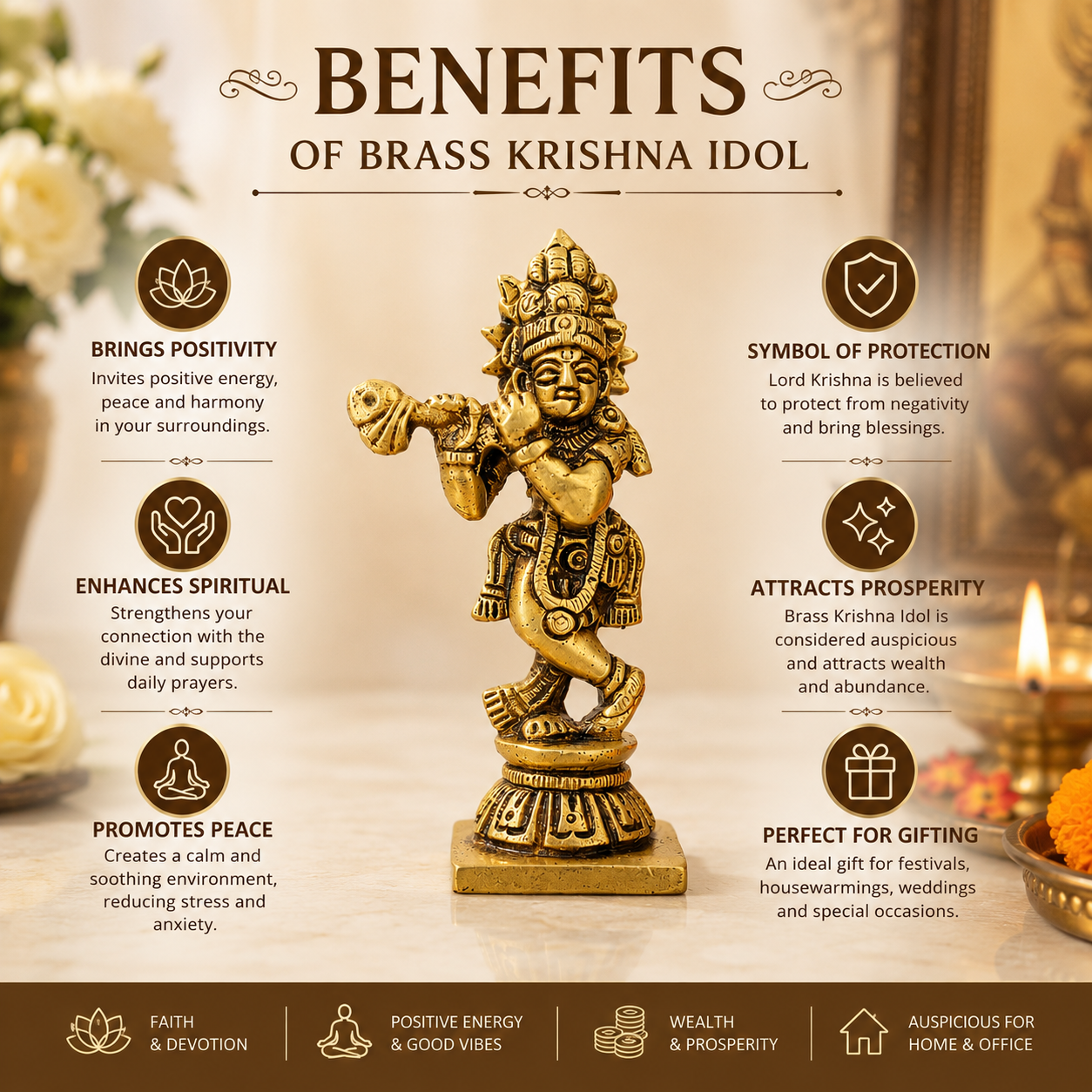Pure Source India Pure Brass Lord Krishna Idol with Flute (7.5 cm) | Shree Lord Krishna Statue for Home Decor, Office Desk | Gift for House Warming (106 gm)