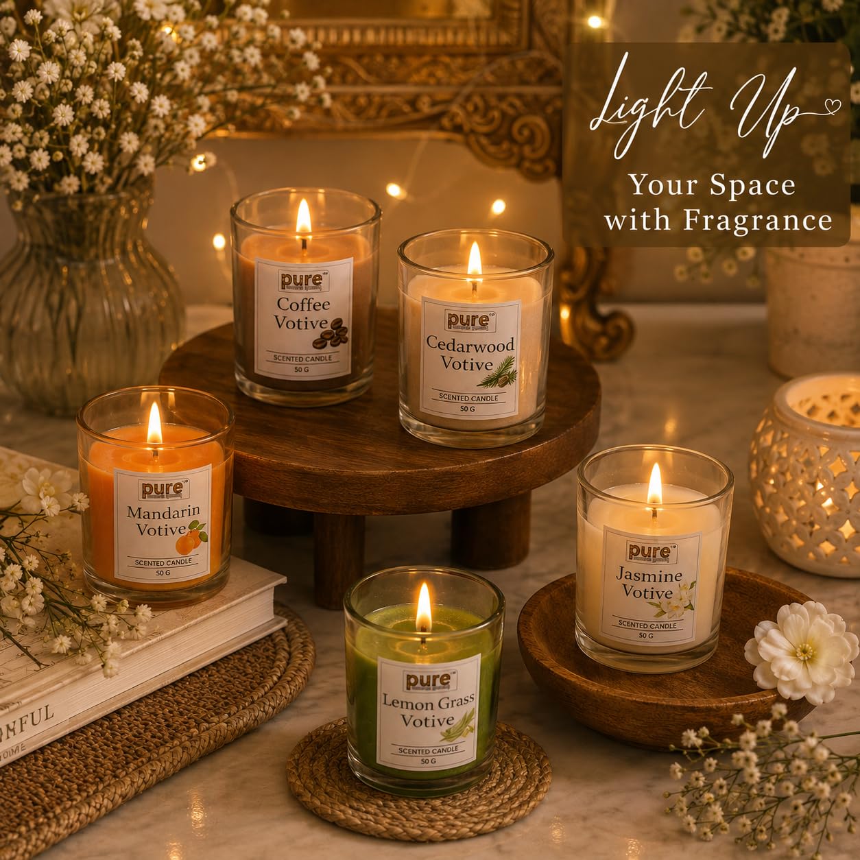 Pure Source India Scented Votive Candle Gift Set of 6 (50g Each) | Premium Glass Jar Candles for Home Décor, Bedroom, Spa, Meditation & Gifting (Mandarin, Coffee, Cedarwood)