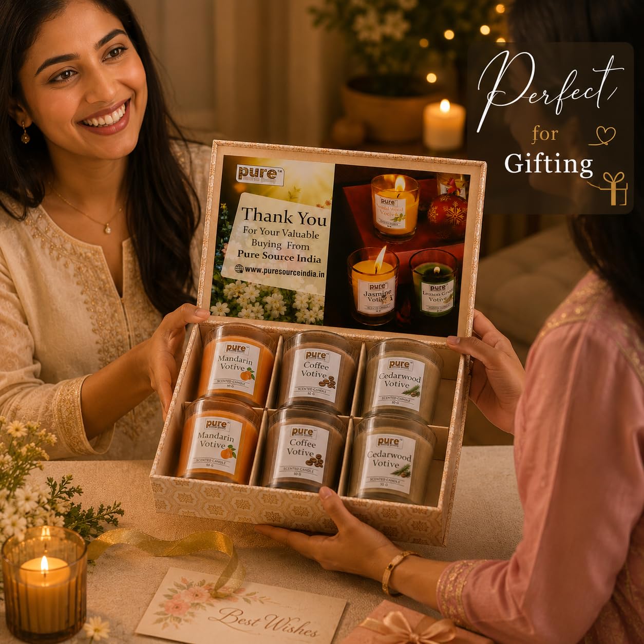 Pure Source India Scented Votive Candle Gift Set of 6 (50g Each) | Premium Glass Jar Candles for Home Décor, Bedroom, Spa, Meditation & Gifting (Mandarin, Coffee, Cedarwood)