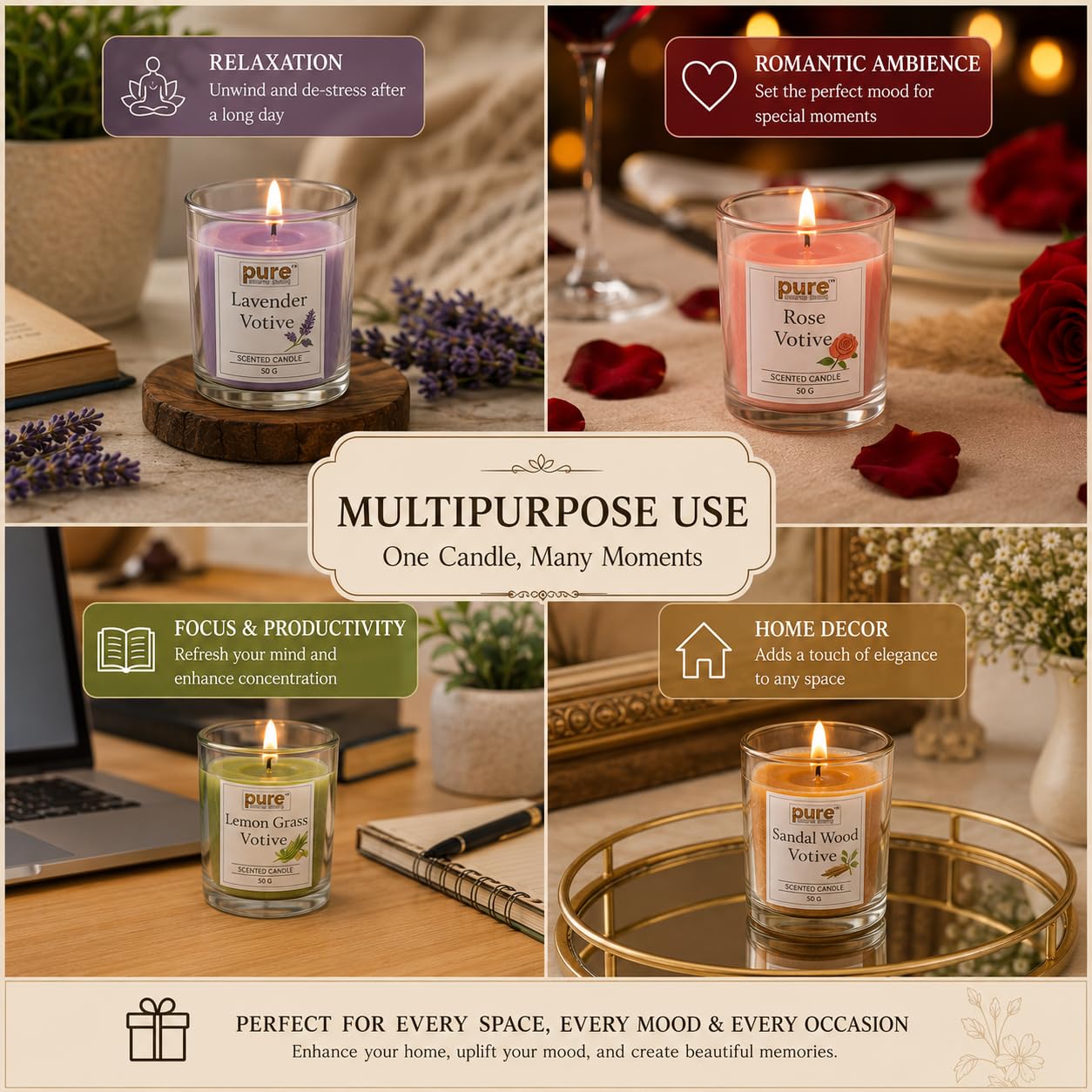 Pure Source India Scented Votive Candle Gift Set of 6 (50g Each) | Premium Glass Jar Candles for Home Décor, Bedroom, Spa, Meditation & Gifting (Mandarin, Coffee, Cedarwood)