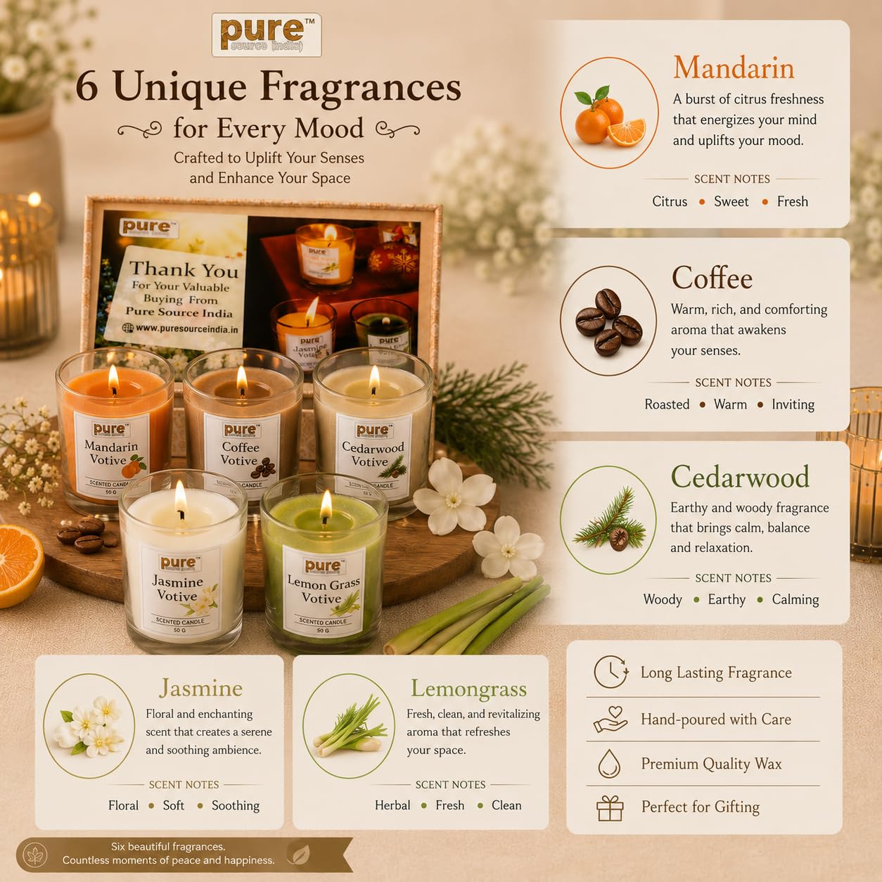 Pure Source India Scented Votive Candle Gift Set of 6 (50g Each) | Premium Glass Jar Candles for Home Décor, Bedroom, Spa, Meditation & Gifting (Mandarin, Coffee, Cedarwood)
