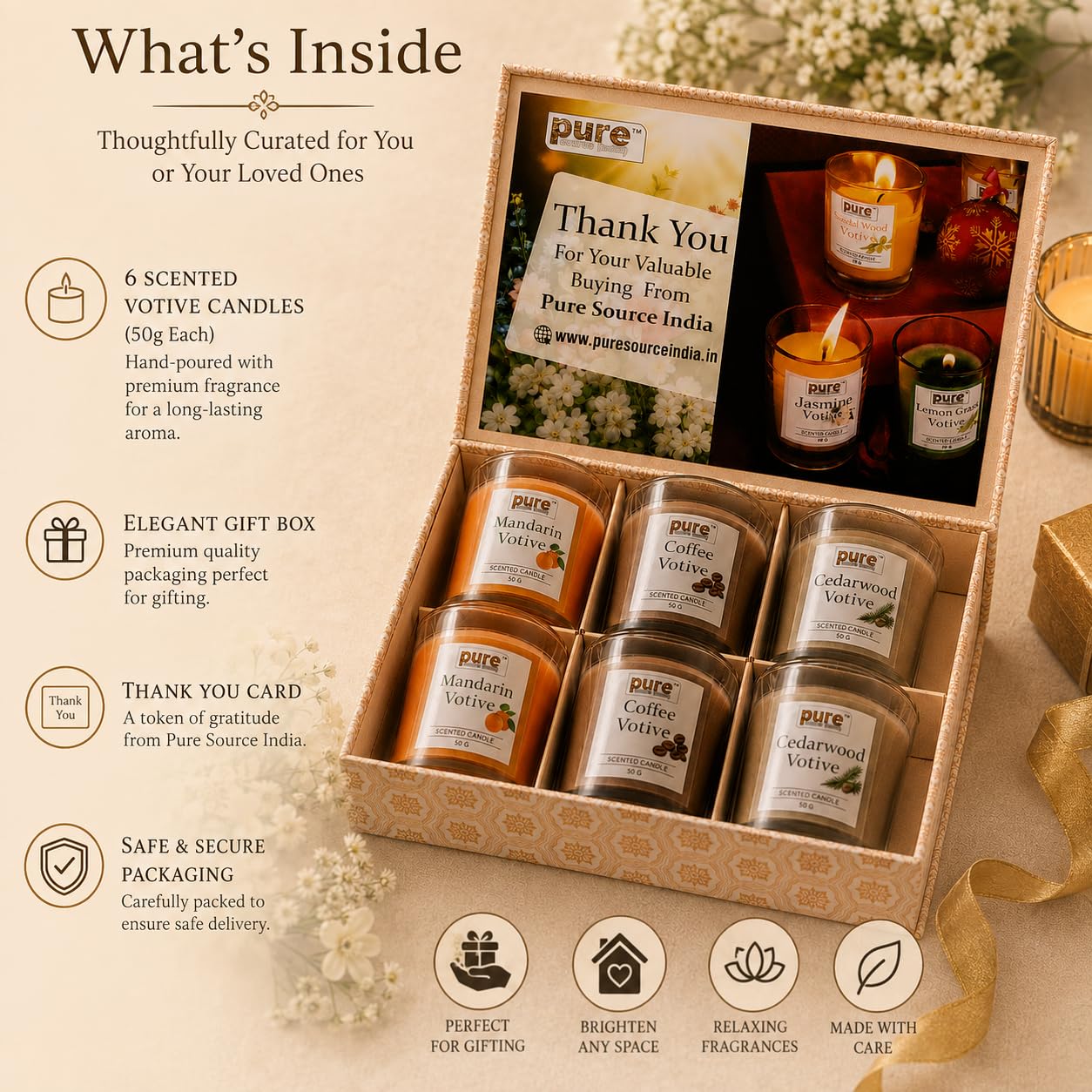 Pure Source India Scented Votive Candle Gift Set of 6 (50g Each) | Premium Glass Jar Candles for Home Décor, Bedroom, Spa, Meditation & Gifting (Mandarin, Coffee, Cedarwood)