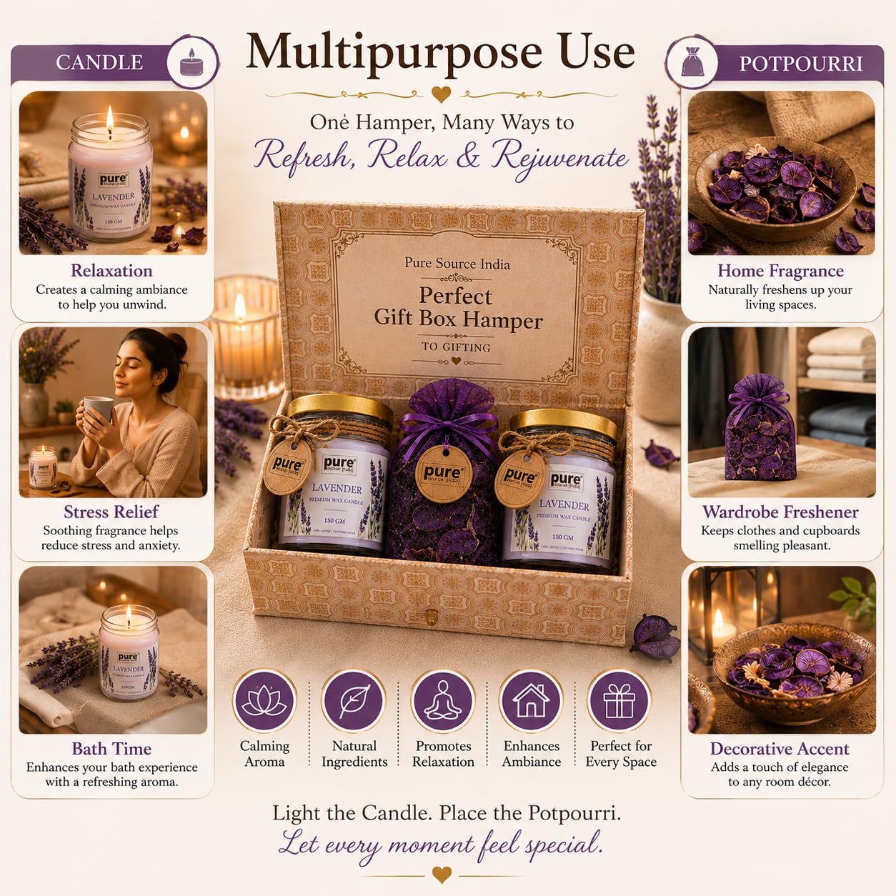Pure Source India Luxury Festive Gift Box Hamper with Lavender Scented Candles & Purple Potpourri| Premium Gift Set