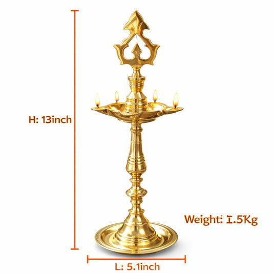 Pure Source India Brass Panchmukhi Oil Lamp, 13 Inch | Traditional Handmade Indian Diya for Pooja, Temple, Home Mandir, Festivals, Diwali & Religious Decor | Brass Deepam