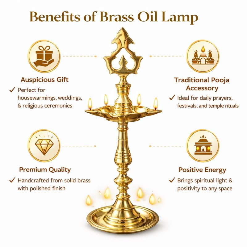 Pure Source India Brass Panchmukhi Oil Lamp, 13 Inch | Traditional Handmade Indian Diya for Pooja, Temple, Home Mandir, Festivals, Diwali & Religious Decor | Brass Deepam