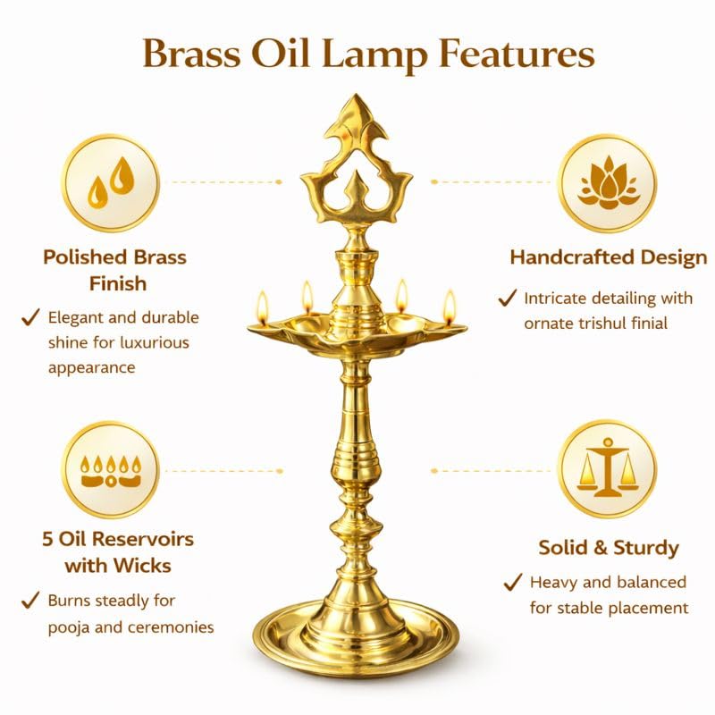Pure Source India Brass Panchmukhi Oil Lamp, 13 Inch | Traditional Handmade Indian Diya for Pooja, Temple, Home Mandir, Festivals, Diwali & Religious Decor | Brass Deepam
