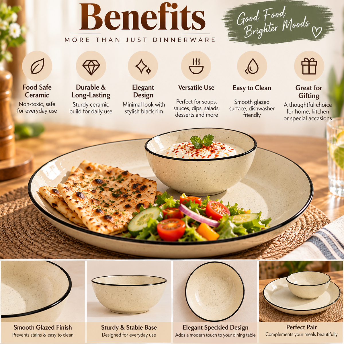 Pure Source India 10 Inch Plate & 200 ml Bowl Speckled Ceramic Chip & Dip Serving Platter with Bowl