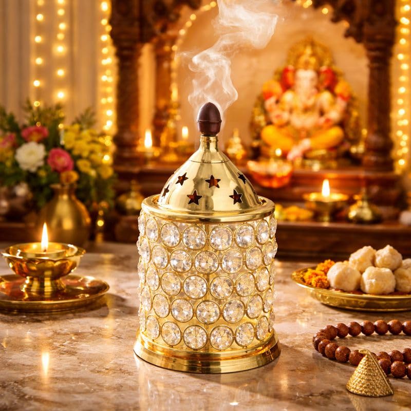 Pure Source India Luxury Golden Brass & Crystal Akhand Diya Burner with Star Cut Lid, 6.8 Inch | Decorative Oil Lamp & Incense Burner for Pooja, Home, Office, Festivals & Gifting