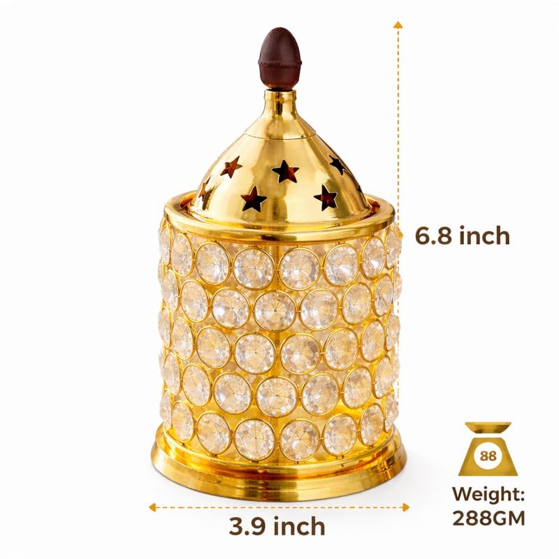 Pure Source India Luxury Golden Brass & Crystal Akhand Diya Burner with Star Cut Lid, 6.8 Inch | Decorative Oil Lamp & Incense Burner for Pooja, Home, Office, Festivals & Gifting
