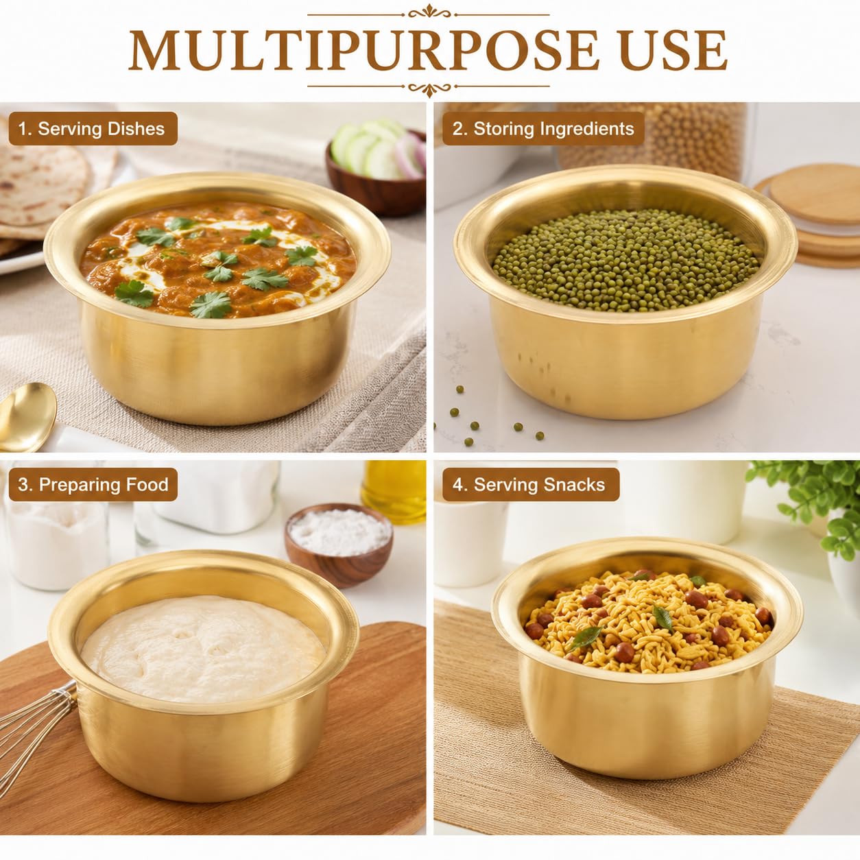 Pure Source India Pure Brass Round Patila Tope Bhagona, Traditional Brass Cooking Pot | Indian Brass Cookware for Home Kitchen, Restaurant, Hotel, Serving, Cooking & Gifting