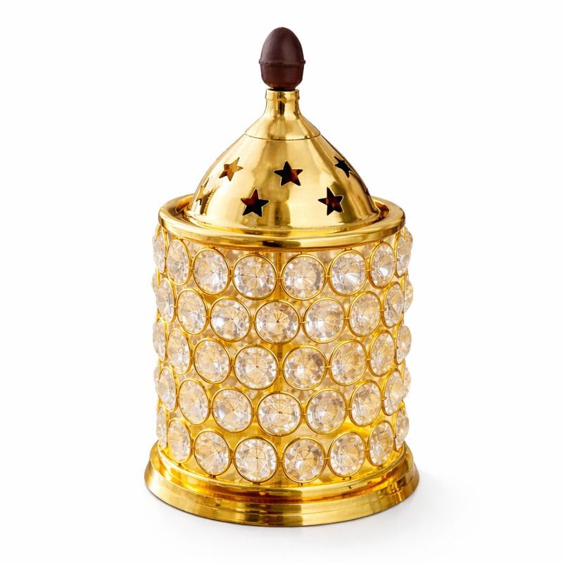 Pure Source India Luxury Golden Brass & Crystal Akhand Diya Burner with Star Cut Lid, 6.8 Inch | Decorative Oil Lamp & Incense Burner for Pooja, Home, Office, Festivals & Gifting