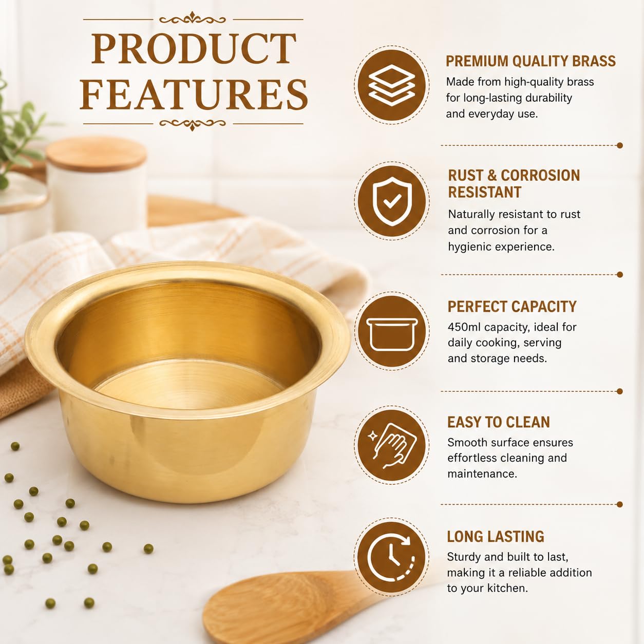 Pure Source India Pure Brass Round Patila Tope Bhagona, Traditional Brass Cooking Pot | Indian Brass Cookware for Home Kitchen, Restaurant, Hotel, Serving, Cooking & Gifting