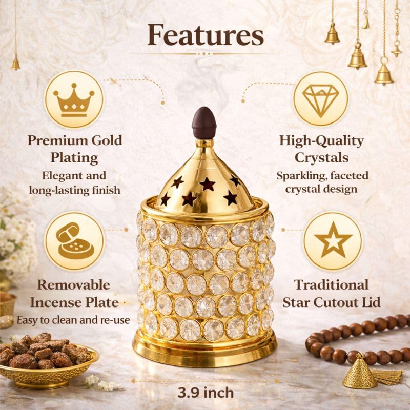 Pure Source India Luxury Golden Brass & Crystal Akhand Diya Burner with Star Cut Lid, 6.8 Inch | Decorative Oil Lamp & Incense Burner for Pooja, Home, Office, Festivals & Gifting