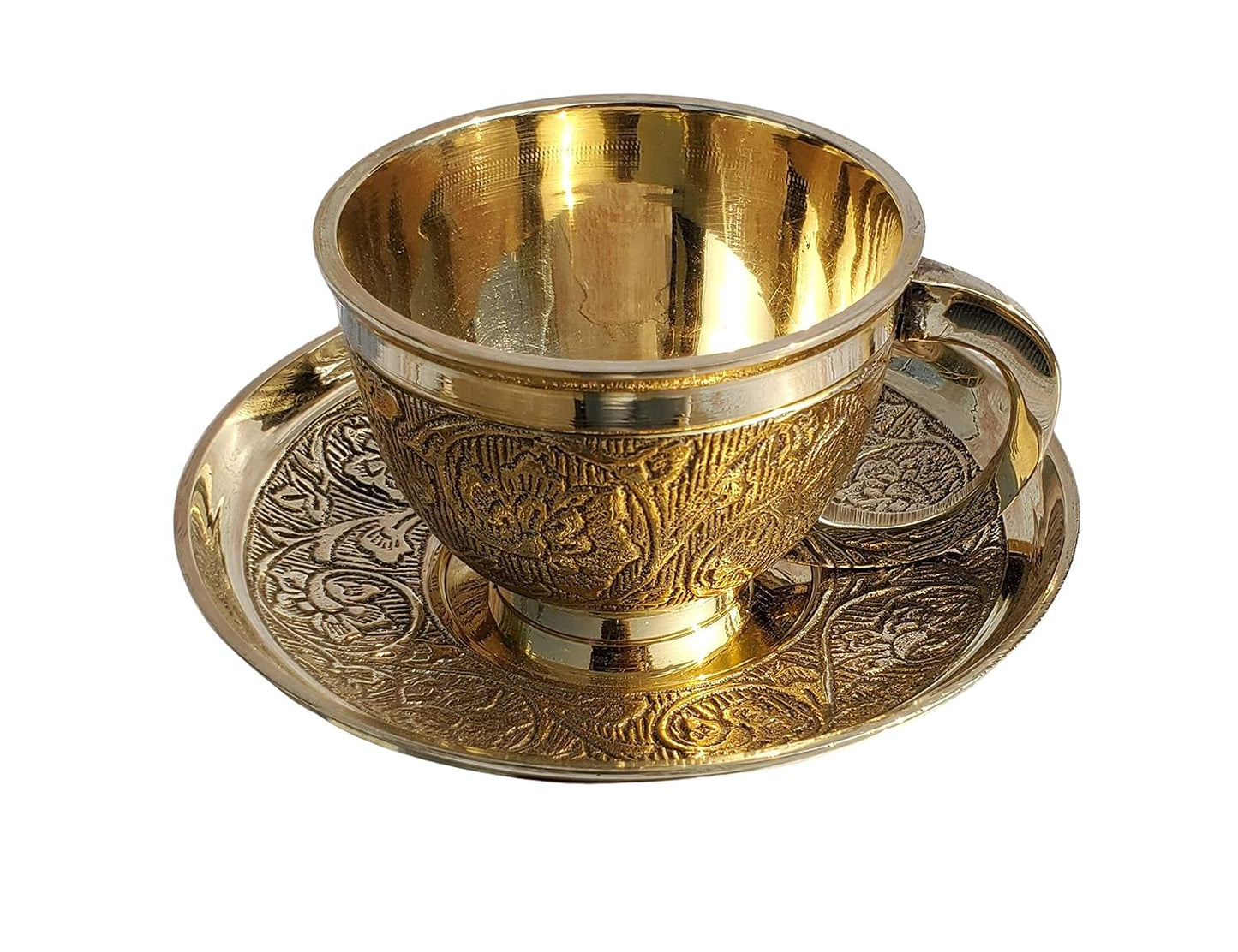 Pure Source India Premium Solid Brass Tea Cup & Saucer Set of 2, 130 ML Golden Brass Chai Coffee Cups | Traditional Indian Tea Cups for Home, Kitchen, Dining & Gifting