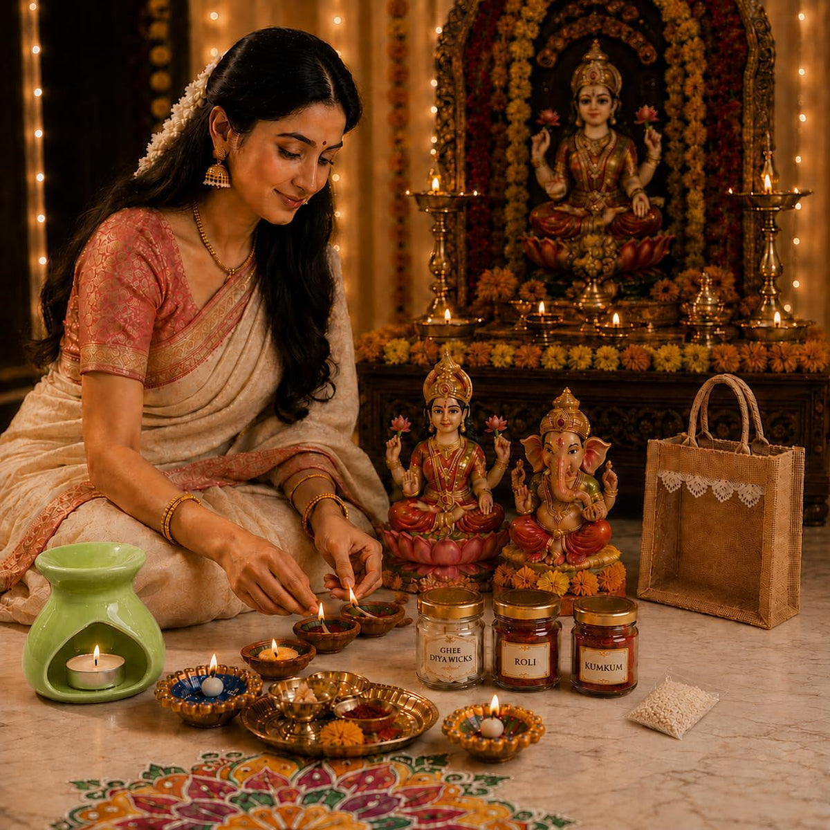 Pure Source India Diwali Pooja Gift Set with Roli Kumkum & Ghee Wicks (Green)
