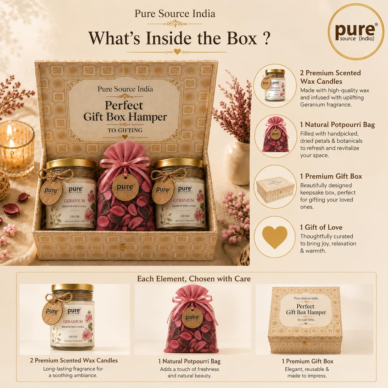 Pure Source India Luxury Festive Gift Box Hamper with Geranium Scented Candles & Pink Potpourri