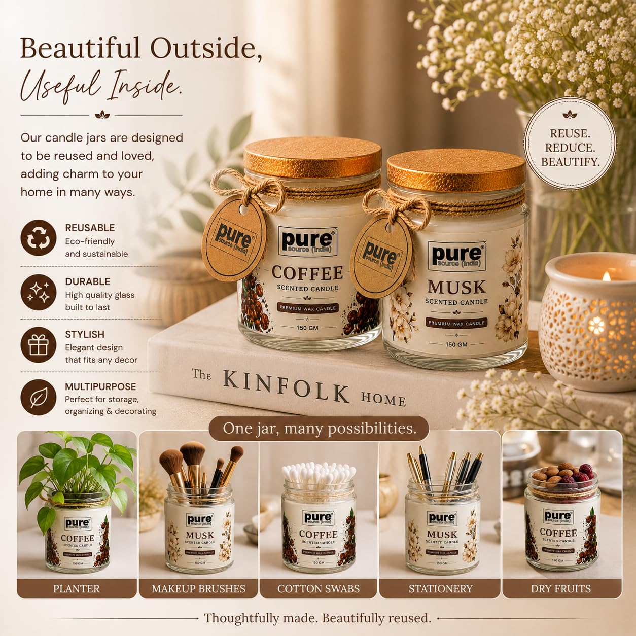 Pure Source India Scented Jar Candle Set of 2 (Coffee & Musk) | 150g Each | Premium Wax Candles | 35-40 Hours Burn Time | Aromatherapy Candles for Home Decor, Diwali, Bedroom, Spa & Gifts