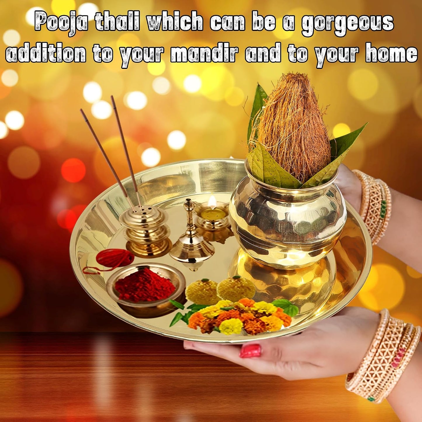 Pure Source India Pure Brass Pooja Thali with Lota, 10 Inch Traditional Puja Plate & Kalash Set | Brass Thali for Pooja, Aarti, Diwali, Wedding, Housewarming & Religious Ceremonies