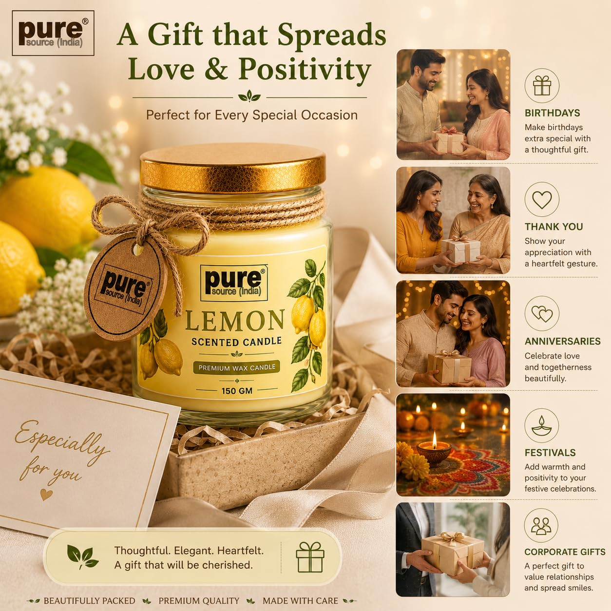 Pure Source India Lemon Scented Jar Candle | 150 GM | Premium Wax Candle | 35-40 Hours Burn Time | Aromatherapy Candle for Home Decor, Bedroom, Spa, Meditation & Gift