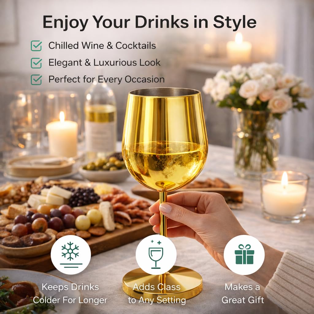 Pure Source India Stainless Steel Gold Plated Wine Glass Set of 2 | 350ML Premium Metal Wine Goblets | 8.5 Inch Elegant Stemware for Home, Party, Dining, Wedding & Gifting