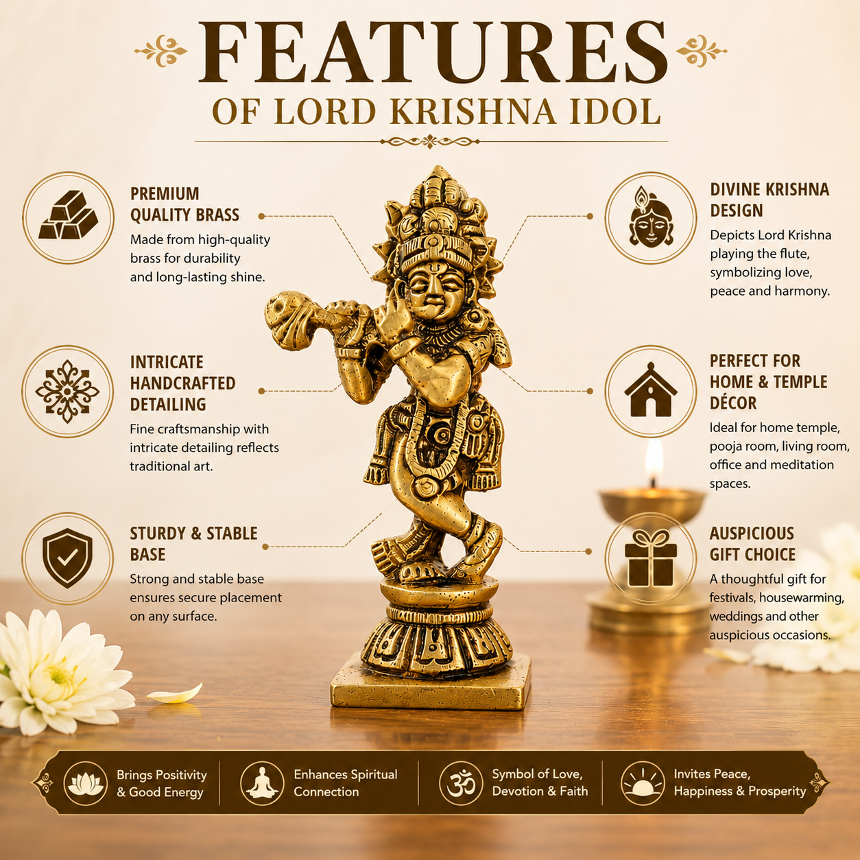 Pure Source India Pure Brass Lord Krishna Idol with Flute (7.5 cm) | Shree Lord Krishna Statue for Home Decor, Office Desk | Gift for House Warming (106 gm)