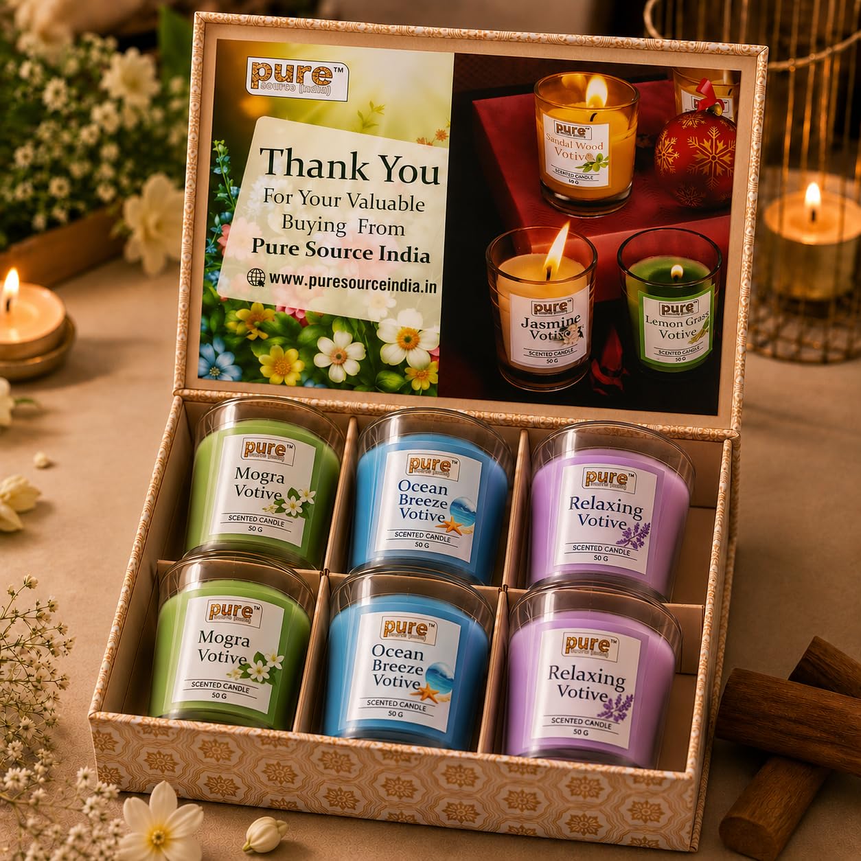 Pure Source India Scented Votive Candle Gift Set of 6 (50g Each) | Premium Glass Jar Candles for Home Décor, Bedroom, Spa, Meditation & Gifting (Mogra, Ocean, Relaxing)