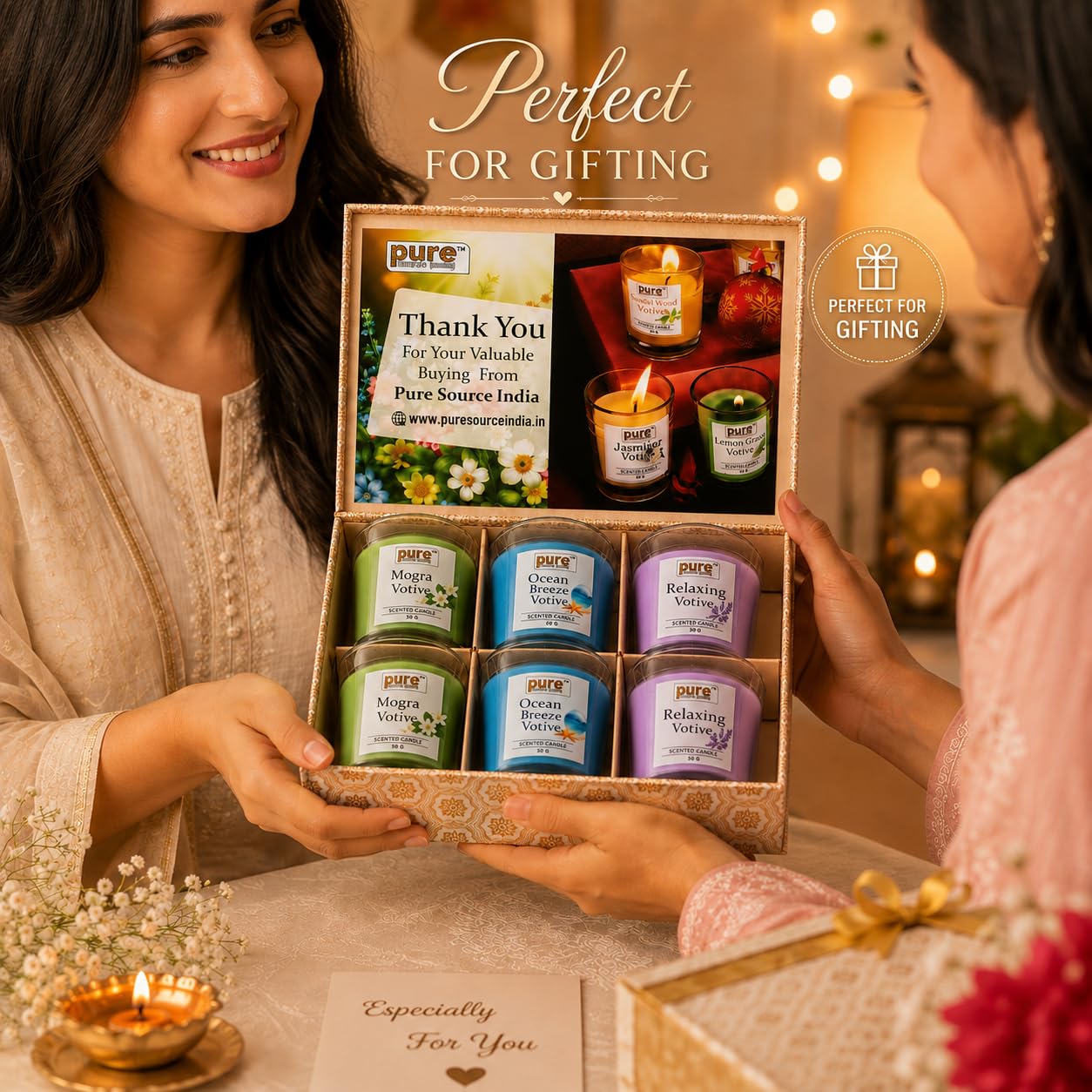 Pure Source India Scented Votive Candle Gift Set of 6 (50g Each) | Premium Glass Jar Candles for Home Décor, Bedroom, Spa, Meditation & Gifting (Mogra, Ocean, Relaxing)