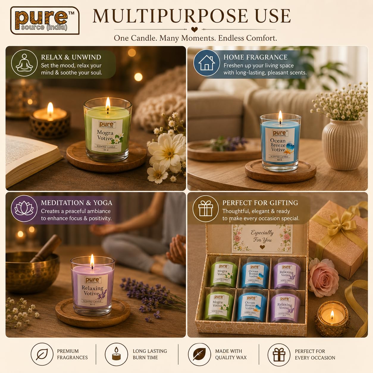 Pure Source India Scented Votive Candle Gift Set of 6 (50g Each) | Premium Glass Jar Candles for Home Décor, Bedroom, Spa, Meditation & Gifting (Mogra, Ocean, Relaxing)