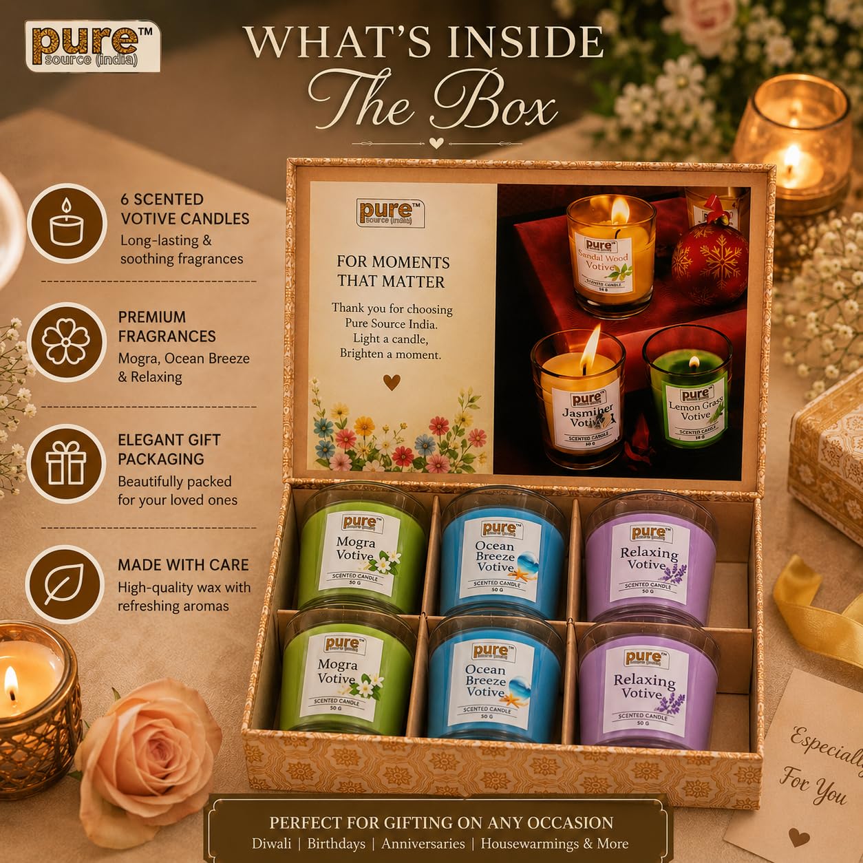 Pure Source India Scented Votive Candle Gift Set of 6 (50g Each) | Premium Glass Jar Candles for Home Décor, Bedroom, Spa, Meditation & Gifting (Mogra, Ocean, Relaxing)